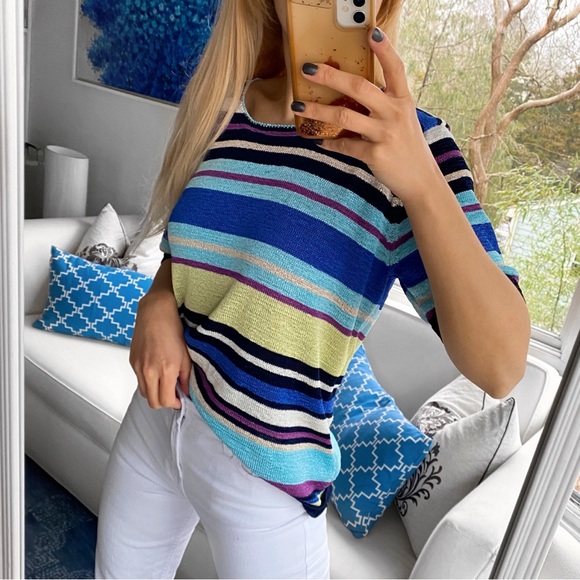 🌈 CANDA BLUE MULTI STRIPE KNIT SHORT SLEEVE SWEATER! - Picture 2 of 16
